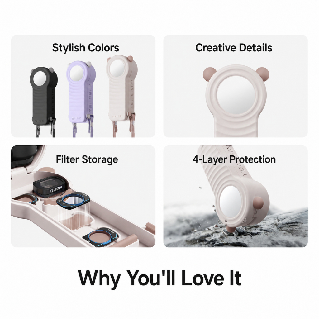Vỏ Bảo Vệ Cứng Cho DJI Osmo Pocket 4/3 & Xtra Muse 4 Khe Đựng Filter Nam Châm Cho Ống Kính Góc Rộng Dây Đeo Tháo Rời Màu Trắng