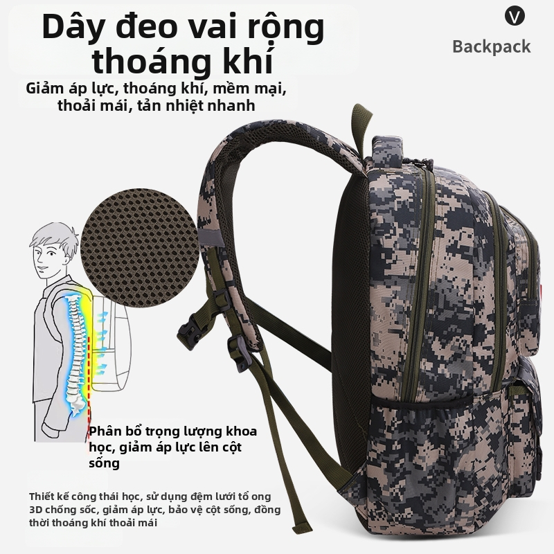 Balo Quân Sự Camo Nam Dung Lượng Lớn, Chống Nước, Siêu Nhẹ, Thoáng Khí, Nhiều Ngăn, Phù Hợp Đi Học, Đi Chơi, Đi Dã Ngoại, 2 Kích Thước