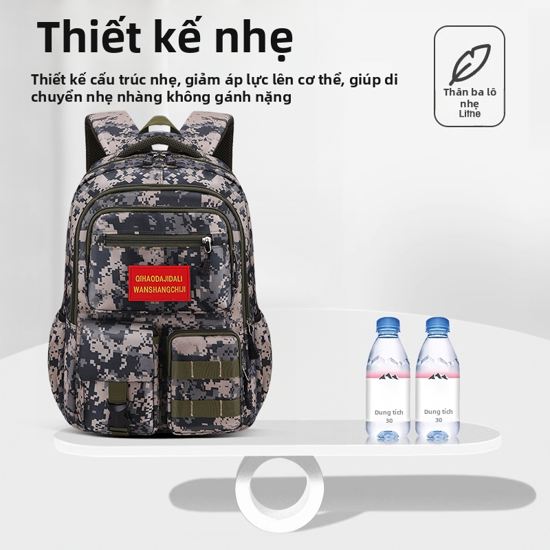 Balo Quân Sự Camo Nam Dung Lượng Lớn, Chống Nước, Siêu Nhẹ, Thoáng Khí, Nhiều Ngăn, Phù Hợp Đi Học, Đi Chơi, Đi Dã Ngoại, 2 Kích Thước