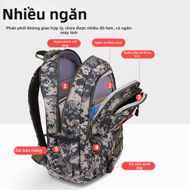 Balo Quân Sự Camo Nam Dung Lượng Lớn, Chống Nước, Siêu Nhẹ, Thoáng Khí, Nhiều Ngăn, Phù Hợp Đi Học, Đi Chơi, Đi Dã Ngoại, 2 Kích Thước