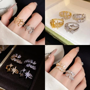 Nhẫn mở hình ngôi sao Zircon màu bạc tông màu vàng, thiết kế hai ngôi sao có thể điều chỉnh, trang sức tuyên bố tinh tế dành cho nữ