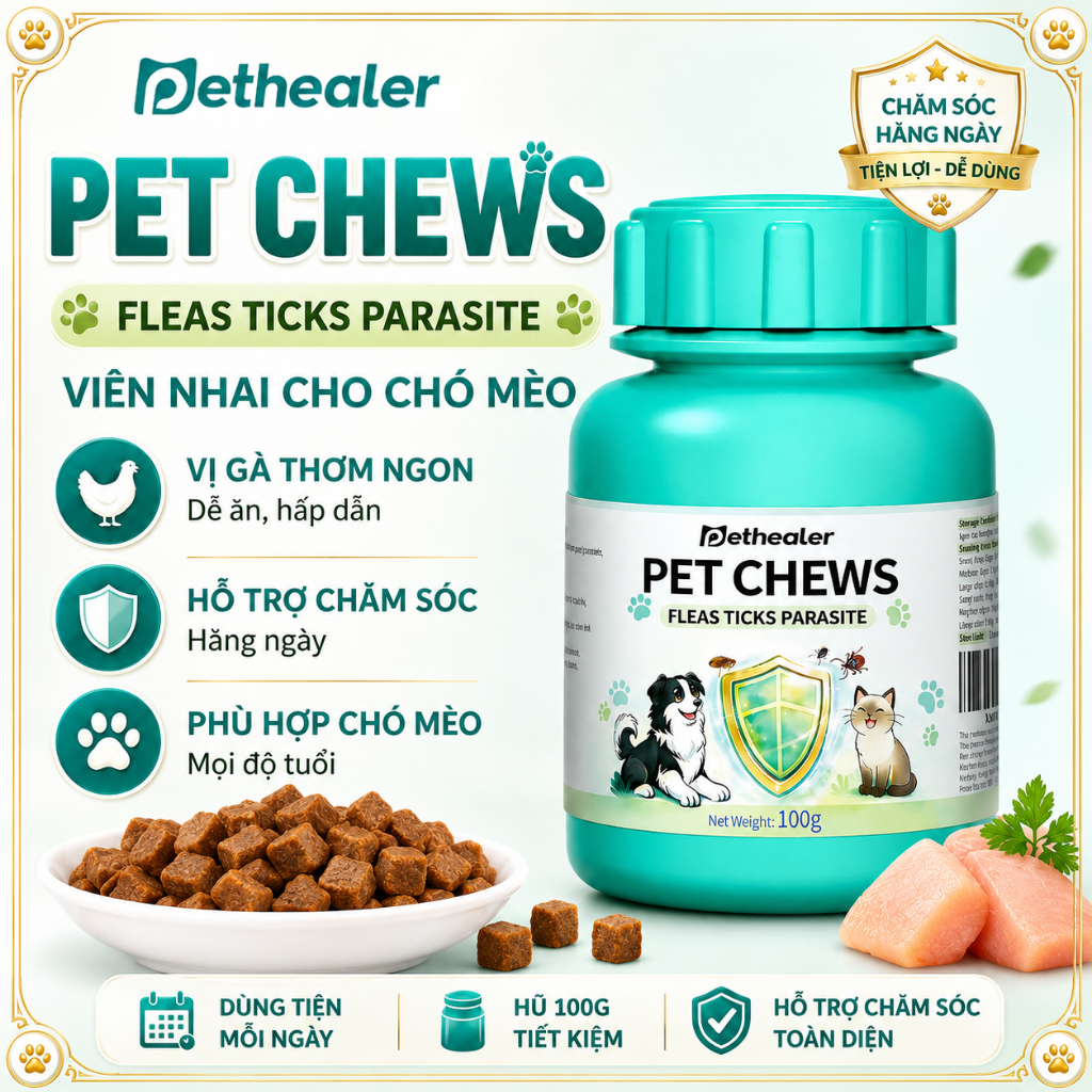 PETHEALER Chicken Care Snack Cho Chó Mèo, Viên Nhai Vị Gà, Dễ Ăn, Hỗ Trợ Chăm Sóc Thú Cưng Mỗi Ngày