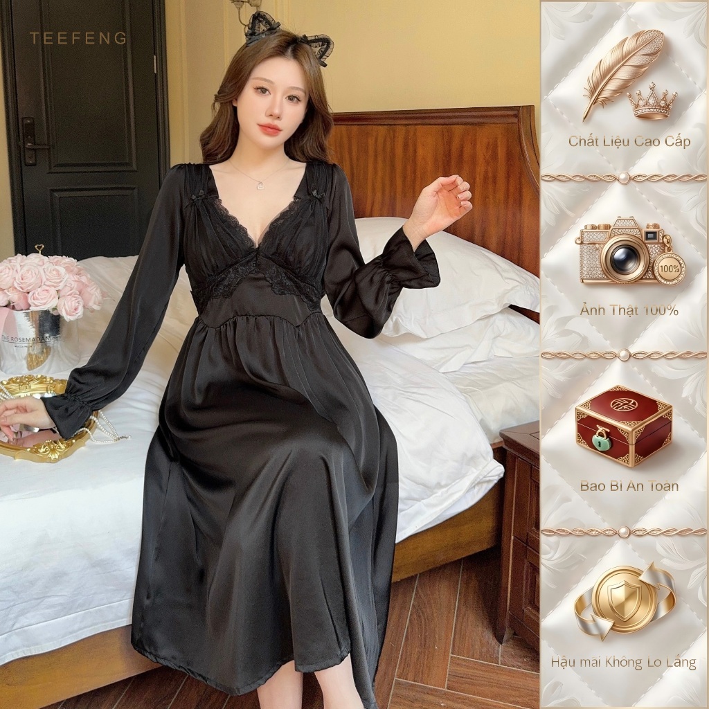 TEEFENG Váy Ngủ Nữ Cao Cấp Ren Lụa Cung Điện Mùa Hè Dài Tay Mỏng Có Miếng Lót Ngực Homewear