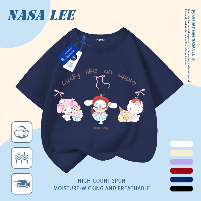[Giao hàng trong ngày] Áo thun Cotton nguyên chất màu trắng cho trẻ em NASA Phim hoạt hình vui nhộn dễ thương Sanrio In hợp thời trang dễ thương Bé trai 3-16 tuổi Bé gái tay ngắn thông thường