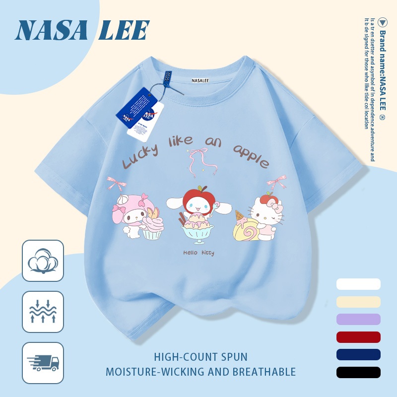 [Giao hàng trong ngày] Áo thun Cotton nguyên chất màu trắng cho trẻ em NASA Phim hoạt hình vui nhộn dễ thương Sanrio In hợp thời trang dễ thương Bé trai 3-16 tuổi Bé gái tay ngắn thông thường