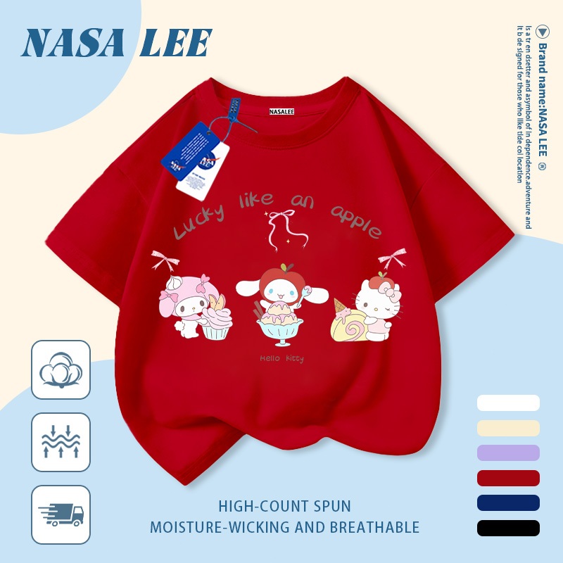 [Giao hàng trong ngày] Áo thun Cotton nguyên chất màu trắng cho trẻ em NASA Phim hoạt hình vui nhộn dễ thương Sanrio In hợp thời trang dễ thương Bé trai 3-16 tuổi Bé gái tay ngắn thông thường
