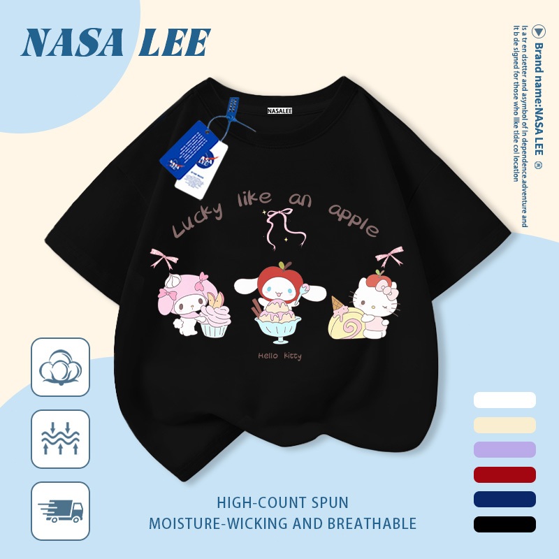 [Giao hàng trong ngày] Áo thun Cotton nguyên chất màu trắng cho trẻ em NASA Phim hoạt hình vui nhộn dễ thương Sanrio In hợp thời trang dễ thương Bé trai 3-16 tuổi Bé gái tay ngắn thông thường
