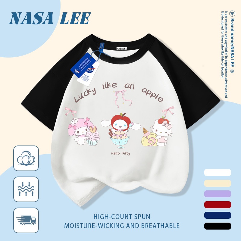 [Giao hàng trong ngày] Áo thun Cotton nguyên chất màu trắng cho trẻ em NASA Phim hoạt hình vui nhộn dễ thương Sanrio In hợp thời trang dễ thương Bé trai 3-16 tuổi Bé gái tay ngắn thông thường
