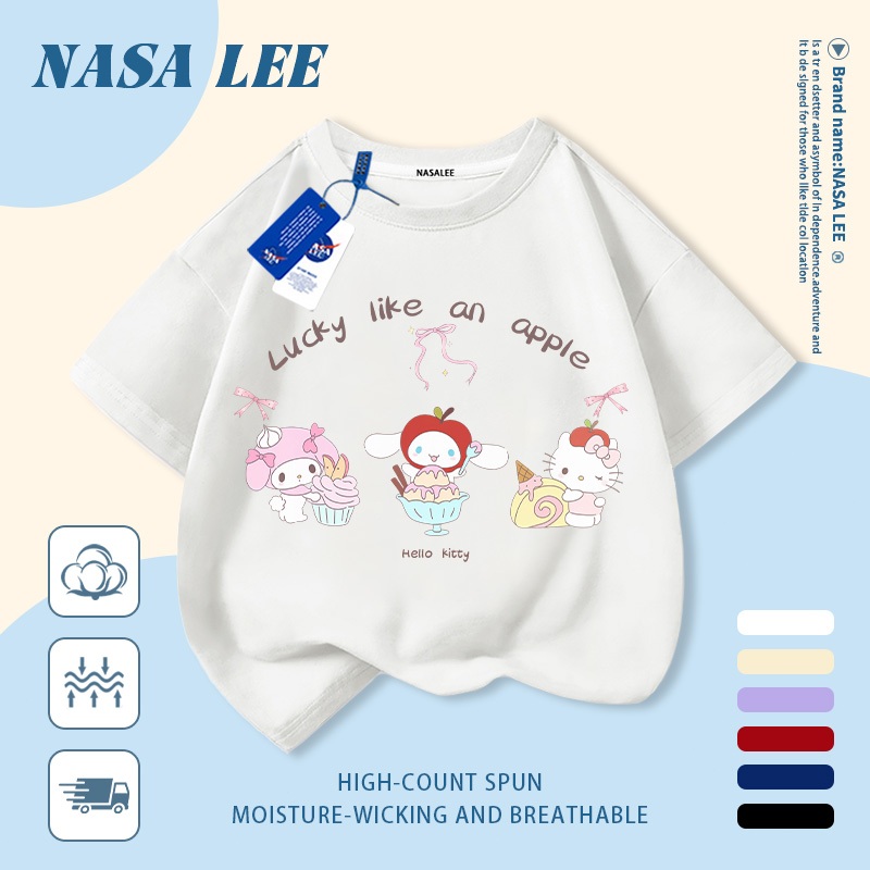 [Giao hàng trong ngày] Áo thun Cotton nguyên chất màu trắng cho trẻ em NASA Phim hoạt hình vui nhộn dễ thương Sanrio In hợp thời trang dễ thương Bé trai 3-16 tuổi Bé gái tay ngắn thông thường
