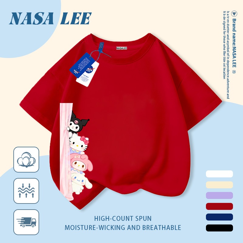 [Giao hàng trong ngày] Áo thun Cotton nguyên chất màu đen cho trẻ em NASA Phim hoạt hình dễ thương Sanrio gia đình in hợp thời trang 3-16 tuổi Bé trai bé gái tay ngắn thông thường