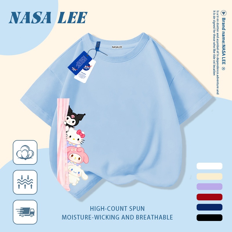 [Giao hàng trong ngày] Áo thun Cotton nguyên chất màu đen cho trẻ em NASA Phim hoạt hình dễ thương Sanrio gia đình in hợp thời trang 3-16 tuổi Bé trai bé gái tay ngắn thông thường