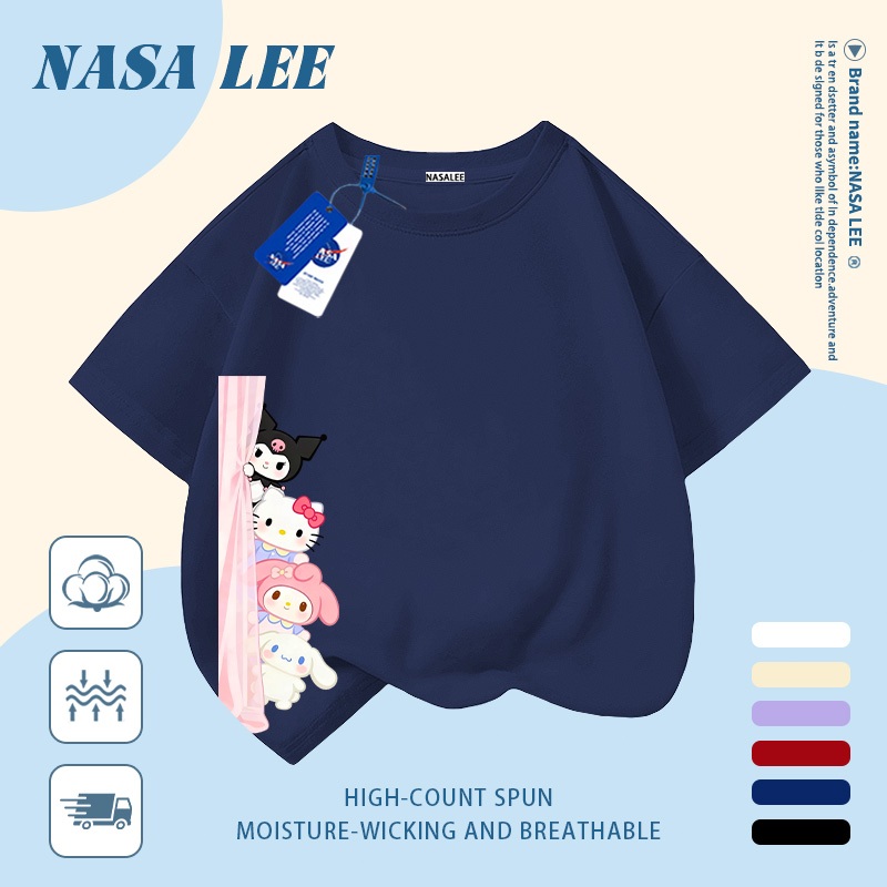 [Giao hàng trong ngày] Áo thun Cotton nguyên chất màu đen cho trẻ em NASA Phim hoạt hình dễ thương Sanrio gia đình in hợp thời trang 3-16 tuổi Bé trai bé gái tay ngắn thông thường