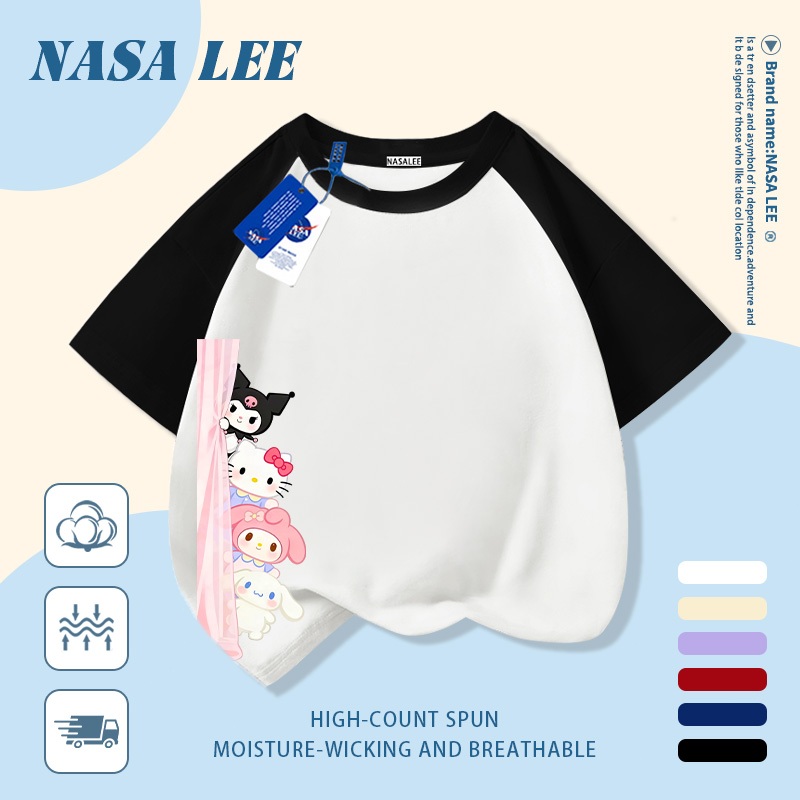 [Giao hàng trong ngày] Áo thun Cotton nguyên chất màu đen cho trẻ em NASA Phim hoạt hình dễ thương Sanrio gia đình in hợp thời trang 3-16 tuổi Bé trai bé gái tay ngắn thông thường