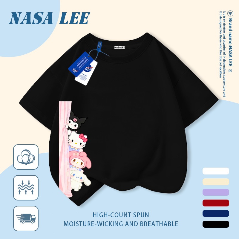 [Giao hàng trong ngày] Áo thun Cotton nguyên chất màu đen cho trẻ em NASA Phim hoạt hình dễ thương Sanrio gia đình in hợp thời trang 3-16 tuổi Bé trai bé gái tay ngắn thông thường
