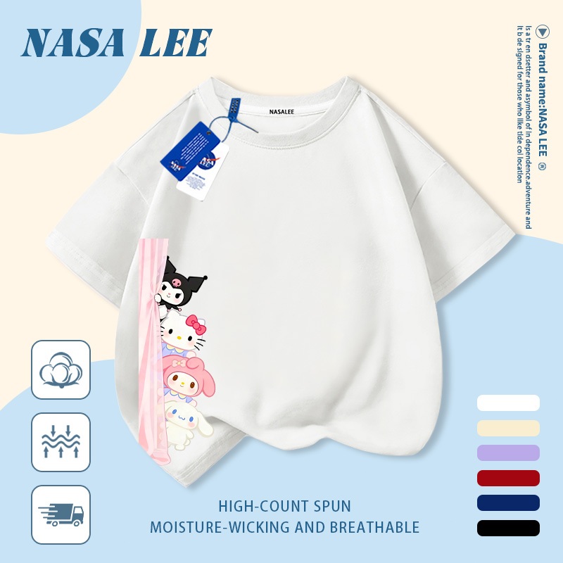 [Giao hàng trong ngày] Áo thun Cotton nguyên chất màu đen cho trẻ em NASA Phim hoạt hình dễ thương Sanrio gia đình in hợp thời trang 3-16 tuổi Bé trai bé gái tay ngắn thông thường