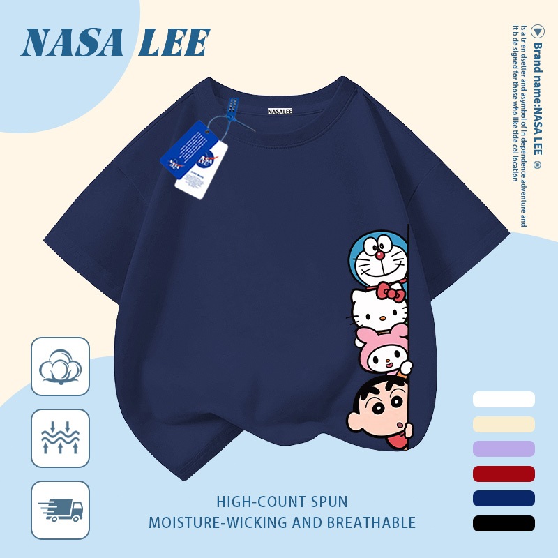 [Giao hàng trong ngày] Áo thun Cotton nguyên chất màu đen cho trẻ em NASA Áo thun Cotton thoáng khí hoạt hình sáng tạo Nhân vật Anime kết hợp in hợp thời trang 3-16 tuổi Bé trai bé gái tay ngắn thông thường