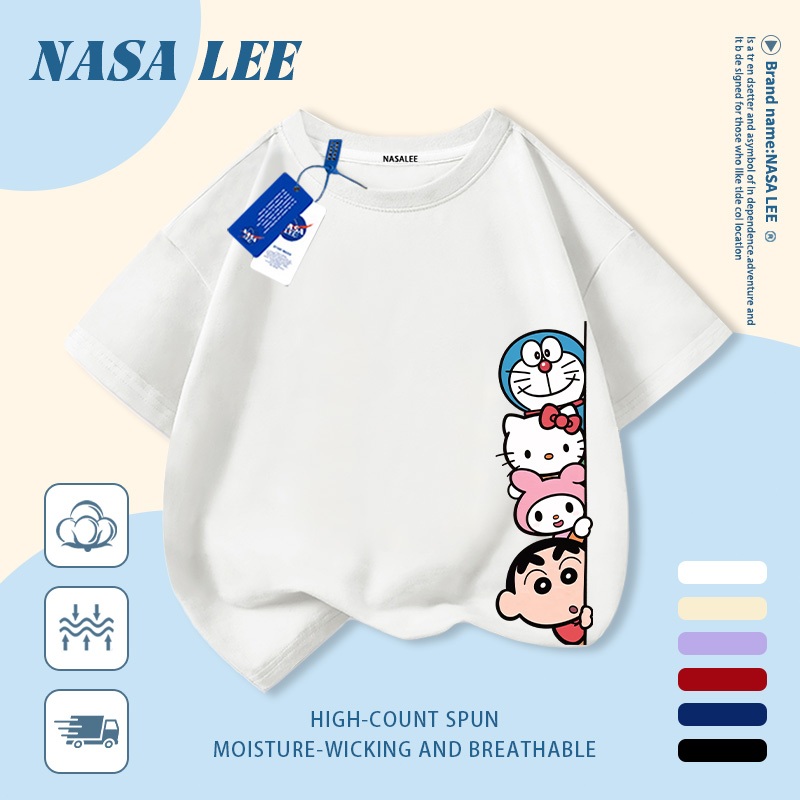 [Giao hàng trong ngày] Áo thun Cotton nguyên chất màu đen cho trẻ em NASA Áo thun Cotton thoáng khí hoạt hình sáng tạo Nhân vật Anime kết hợp in hợp thời trang 3-16 tuổi Bé trai bé gái tay ngắn thông thường