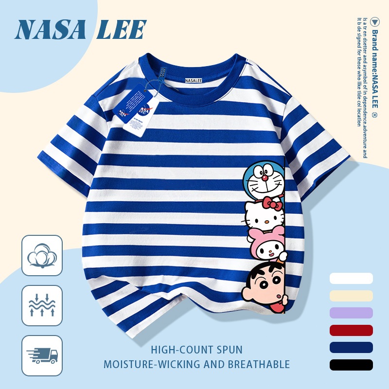 [Giao hàng trong ngày] Áo thun Cotton nguyên chất màu đen cho trẻ em NASA Áo thun Cotton thoáng khí hoạt hình sáng tạo Nhân vật Anime kết hợp in hợp thời trang 3-16 tuổi Bé trai bé gái tay ngắn thông thường