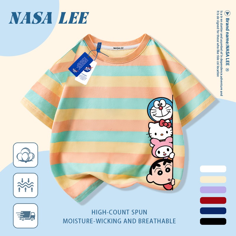 [Giao hàng trong ngày] Áo thun Cotton nguyên chất màu đen cho trẻ em NASA Áo thun Cotton thoáng khí hoạt hình sáng tạo Nhân vật Anime kết hợp in hợp thời trang 3-16 tuổi Bé trai bé gái tay ngắn thông thường