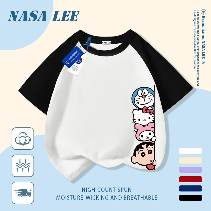 [Giao hàng trong ngày] Áo thun Cotton nguyên chất màu đen cho trẻ em NASA Áo thun Cotton thoáng khí hoạt hình sáng tạo Nhân vật Anime kết hợp in hợp thời trang 3-16 tuổi Bé trai bé gái tay ngắn thông thường