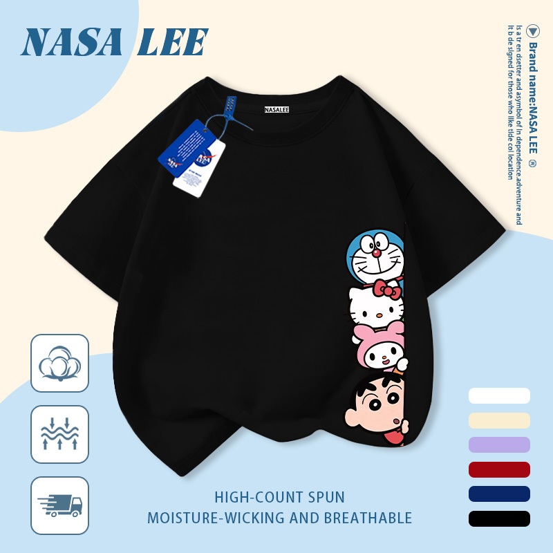 [Giao hàng trong ngày] Áo thun Cotton nguyên chất màu đen cho trẻ em NASA Áo thun Cotton thoáng khí hoạt hình sáng tạo Nhân vật Anime kết hợp in hợp thời trang 3-16 tuổi Bé trai bé gái tay ngắn thông thường