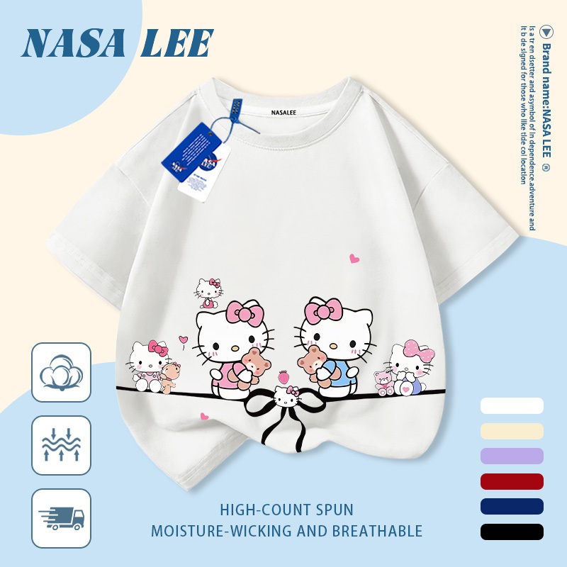 [Giao hàng trong ngày] Áo thun Cotton nguyên chất màu trắng cho trẻ em NASA Áo thun Cotton thoáng khí hoạt hình nơ sáng tạo Hello Kitty In hình hợp thời trang dễ thương cho bé trai 3-16 tuổi bé gái tay ngắn thông thường