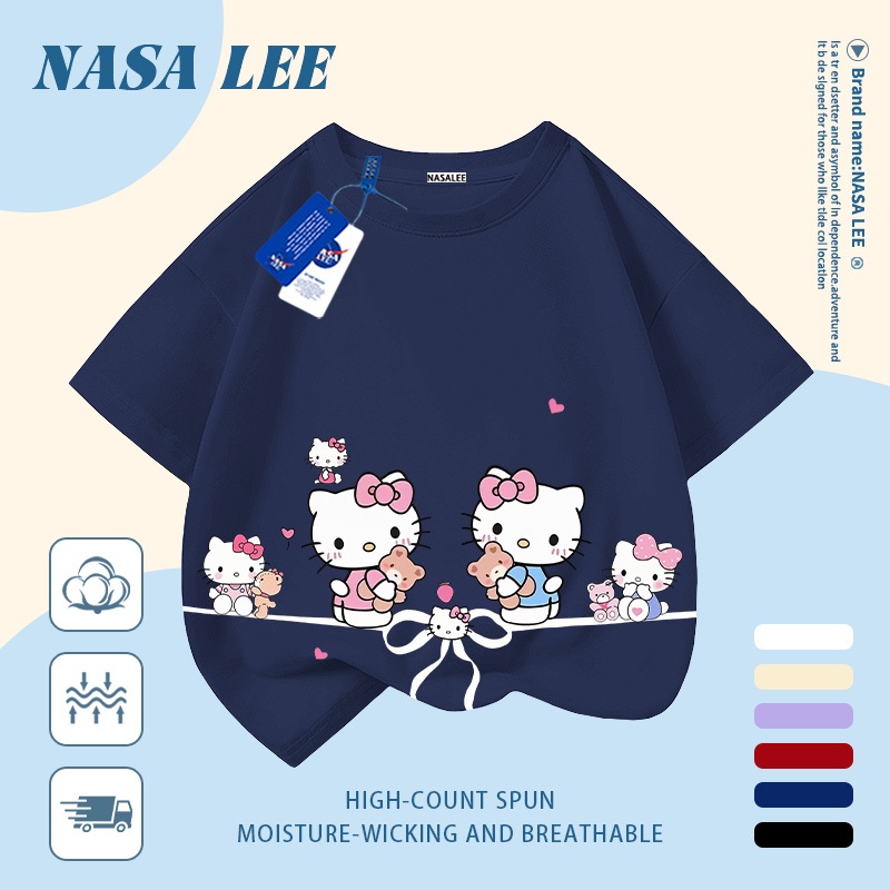 [Giao hàng trong ngày] Áo thun Cotton nguyên chất màu trắng cho trẻ em NASA Áo thun Cotton thoáng khí hoạt hình nơ sáng tạo Hello Kitty In hình hợp thời trang dễ thương cho bé trai 3-16 tuổi bé gái tay ngắn thông thường