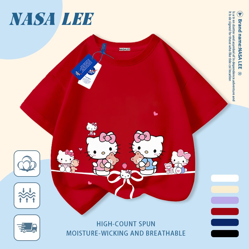 [Giao hàng trong ngày] Áo thun Cotton nguyên chất màu trắng cho trẻ em NASA Áo thun Cotton thoáng khí hoạt hình nơ sáng tạo Hello Kitty In hình hợp thời trang dễ thương cho bé trai 3-16 tuổi bé gái tay ngắn thông thường