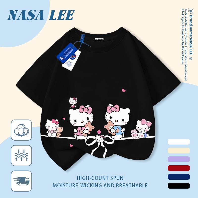 [Giao hàng trong ngày] Áo thun Cotton nguyên chất màu trắng cho trẻ em NASA Áo thun Cotton thoáng khí hoạt hình nơ sáng tạo Hello Kitty In hình hợp thời trang dễ thương cho bé trai 3-16 tuổi bé gái tay ngắn thông thường