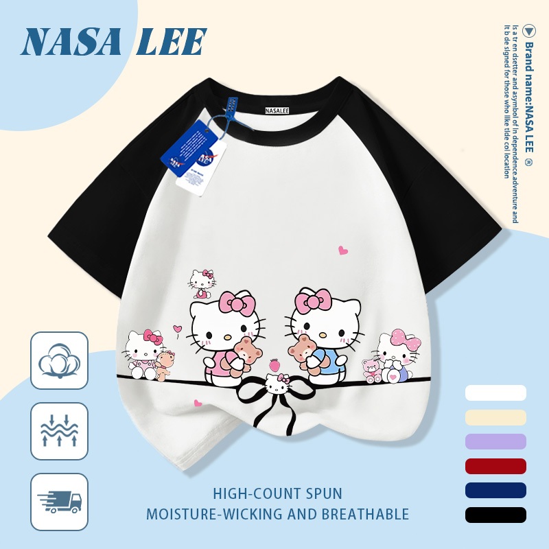 [Giao hàng trong ngày] Áo thun Cotton nguyên chất màu trắng cho trẻ em NASA Áo thun Cotton thoáng khí hoạt hình nơ sáng tạo Hello Kitty In hình hợp thời trang dễ thương cho bé trai 3-16 tuổi bé gái tay ngắn thông thường