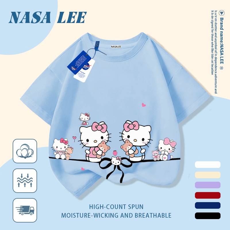 [Giao hàng trong ngày] Áo thun Cotton nguyên chất màu trắng cho trẻ em NASA Áo thun Cotton thoáng khí hoạt hình nơ sáng tạo Hello Kitty In hình hợp thời trang dễ thương cho bé trai 3-16 tuổi bé gái tay ngắn thông thường
