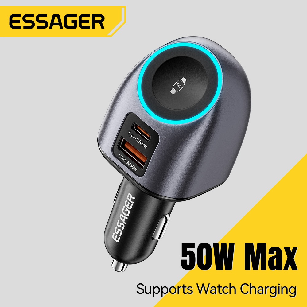 Bộ sạc ô tô 2 trong 1 ESSAGER 50W Hỗ trợ sạc đồng hồ iP PD + QC Bộ sạc ô tô đa giao thức