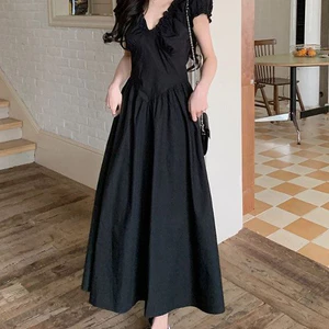 Váy dài kiểu Pháp phong cách Hepburn, cổ chữ V, thiết kế eo hẹp, chất liệu cao cấp cho nữ mùa hè
