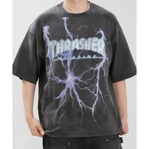 Unisex Dạo Phố Lightning In Vintage Áo Thun Tay Ngắn Rửa