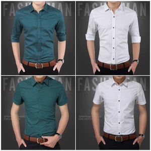 Áo sơ mi nam dài tay màu xanh lá cây in hình tay ngắn Cotton công sở Áo sơ mi thông thường