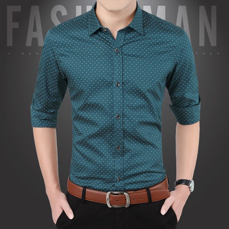 Áo sơ mi nam dài tay màu xanh lá cây in hình tay ngắn Cotton công sở Áo sơ mi thông thường