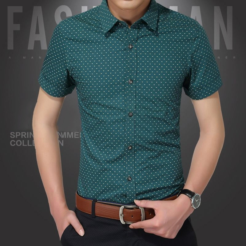 Áo sơ mi nam dài tay màu xanh lá cây in hình tay ngắn Cotton công sở Áo sơ mi thông thường