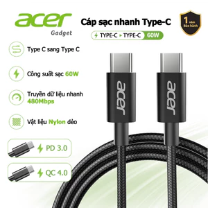 Acer Dây cáp sạc nhanh Type C ip 60W USB-C sang USB-C cáp bện truyền dữ liệu 480Mbps có đầu nối nhôm cáp USB-C bền và chống uốn cong cho Mac UC0020