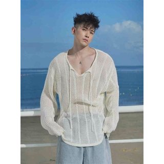 Không Khí Mùa Hè Rỗng Dài Tay Áo Len Nam Đi Biển Kỳ Nghỉ Rời Cảm Giác Che Nắng Kem Chống Nắng Top V-Ne