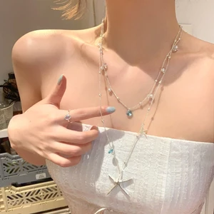 Vòng cổ hiệu ứng lớp Mặt dây chuyền sao biển, tông màu bạc với tông màu ngọc trai & pha lê xanh, phong cách đại dương bãi biển có thể điều chỉnh cho trang sức thời trang nữ