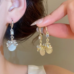 Bông Tai Nơ Tòn Ten Móc Kim Cương Giả & Mắt Mèo, Phong Cách Thanh Lịch Tinh Tế Cho Nữ Trang Sức Thời Trang
