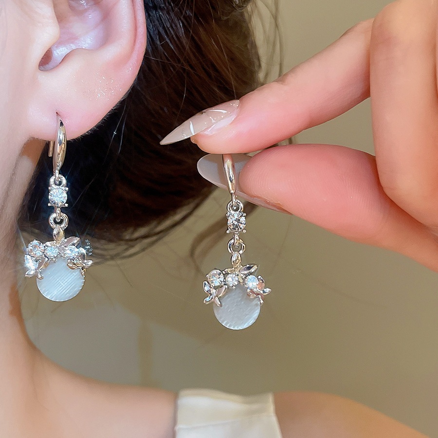 Bông Tai Nơ Tòn Ten Móc Kim Cương Giả & Mắt Mèo, Phong Cách Thanh Lịch Tinh Tế Cho Nữ Trang Sức Thời Trang