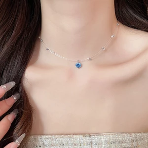 Vòng cổ Hiệu ứng xếp lớp đường vô hình với mặt dây chuyền Cubic Zirconia tròn màu xanh, ngọc trai nhỏ & giọng CZ, Phong cách thanh lịch có thể điều chỉnh Dainty dành cho nữ Trang sức thời trang