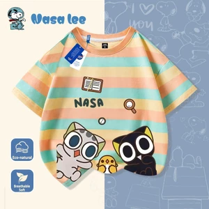 Áo Thun NASA X Ốc Thỏ Phi Hành Gia 2026 - Sọc Ngang Cam Xanh Dễ Thương - Cotton Cho Bé Trai Bé Gái
