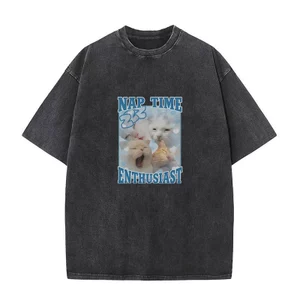 Ngủ Thời Gian Mèo Chuyên Nghiệp Napper Mèo Vui Meme Áo nam Nữ Rửa Vintage Thời Trang Áo Thun Nữ Tay Ngắn Cotton Áo Thun Thường Ngày