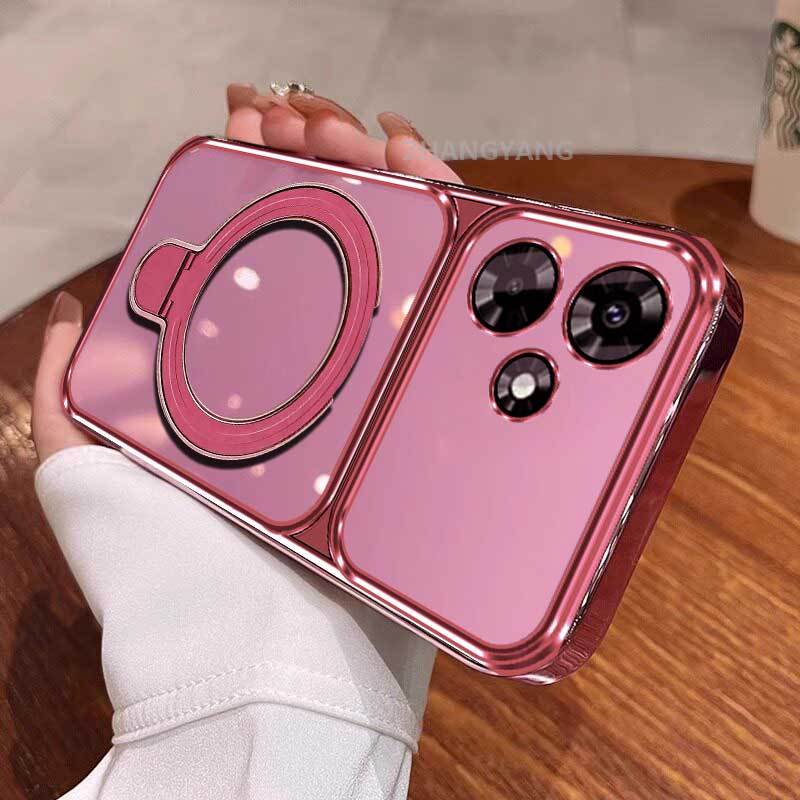 Ốp Lưng Cho OPPO A6C 4G Ốp Điện Thoại Trong Suốt Mạ Điện Cửa Sổ Lớn Mới Với Thiết Kế Giá Đỡ Điện Thoại Rỗng Kim Loại Thẩm Mỹ