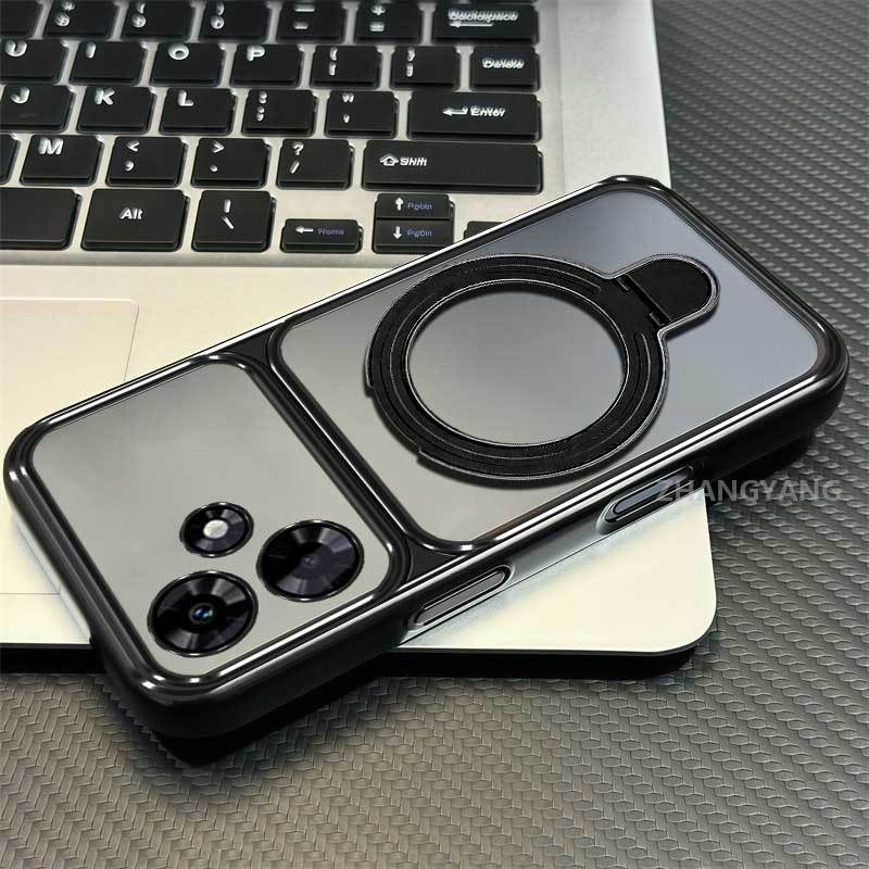 Ốp Lưng Cho OPPO A6C 4G Ốp Điện Thoại Trong Suốt Mạ Điện Cửa Sổ Lớn Mới Với Thiết Kế Giá Đỡ Điện Thoại Rỗng Kim Loại Thẩm Mỹ