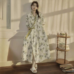 Mới – Đầm ngủ nữ cotton 100% – Áo ngủ dài tay in họa tiết phong cách Trung Quốc, phong cảnh Monet, hoa nhí – Mặc nhà thoáng mát – Có thể mặc khi ra ngoài – Thiết kế cardigan cài khuy
