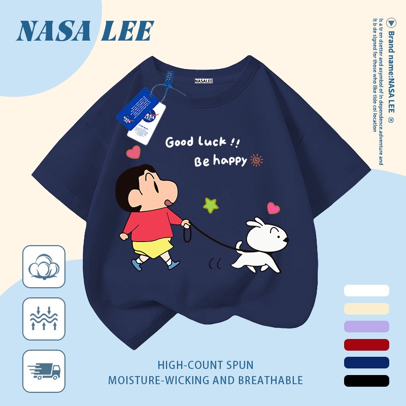 [Giao hàng trong ngày] Áo thun Cotton nguyên chất màu xanh trắng cho trẻ em NASA Áo thun Cotton thoáng khí hoạt hình bé trai và chó con in hợp thời trang 3-16 tuổi bé trai bé gái tay ngắn thông thường