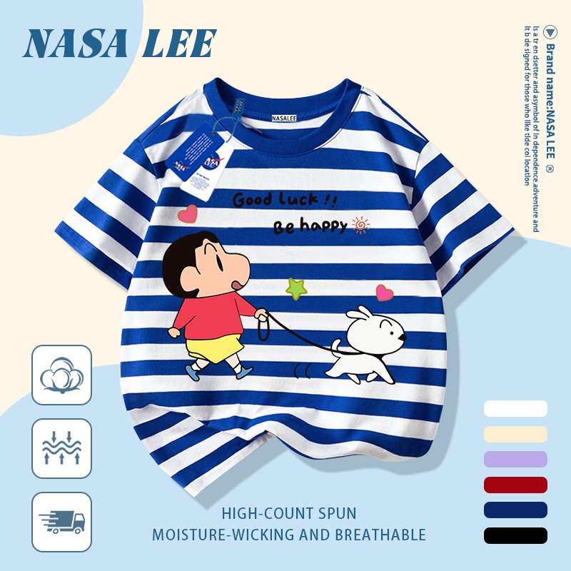 [Giao hàng trong ngày] Áo thun Cotton nguyên chất màu xanh trắng cho trẻ em NASA Áo thun Cotton thoáng khí hoạt hình bé trai và chó con in hợp thời trang 3-16 tuổi bé trai bé gái tay ngắn thông thường